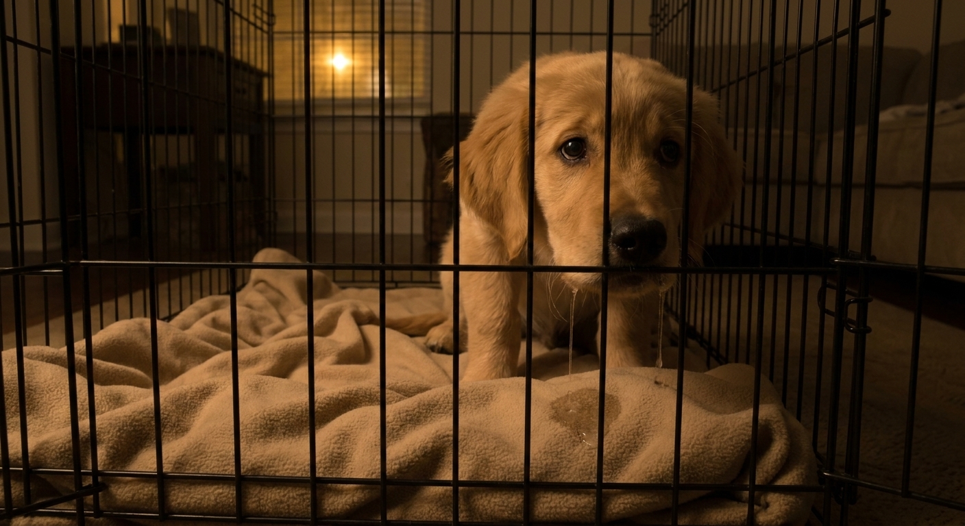 A worried puppy inside a crate at night with visible drool on the bedding, low-light realistic photography style