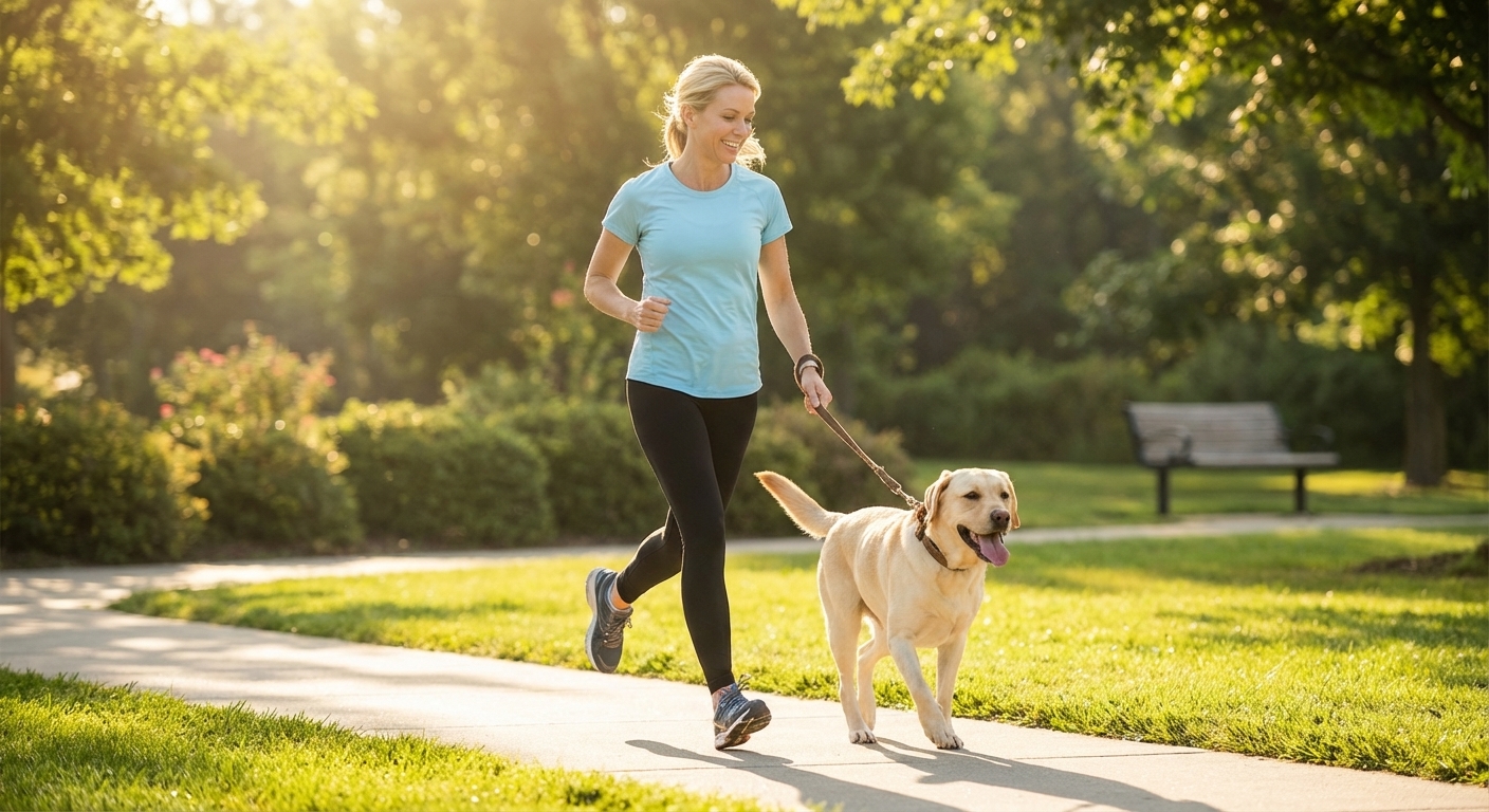 A yellow Labrador Retriever jogging on a leash with an adult in a neighborhood park on a sunny morning