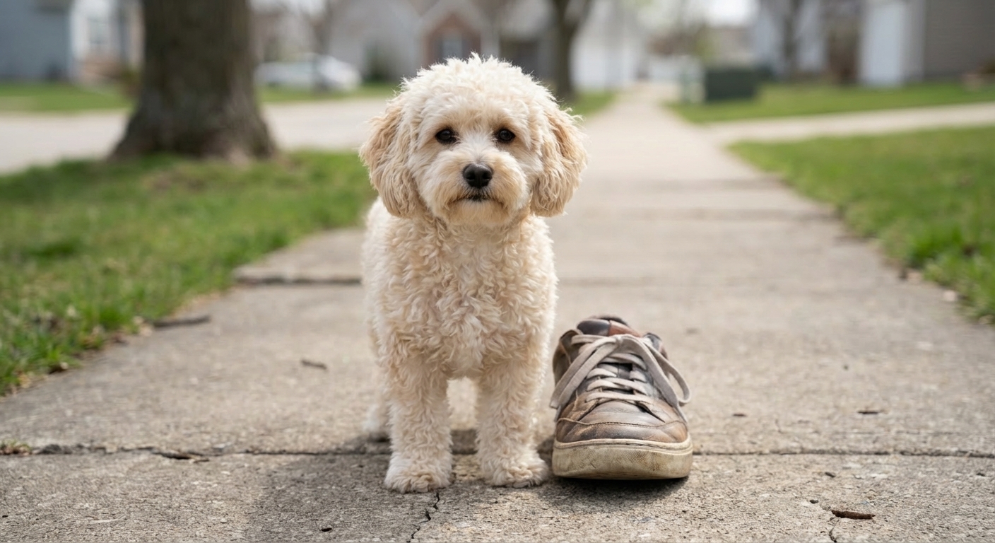 A young Bichon Frise Poodle mix puppy standing on a sidewalk next to a person’s shoe for scale, shallow depth of field, photorealistic
