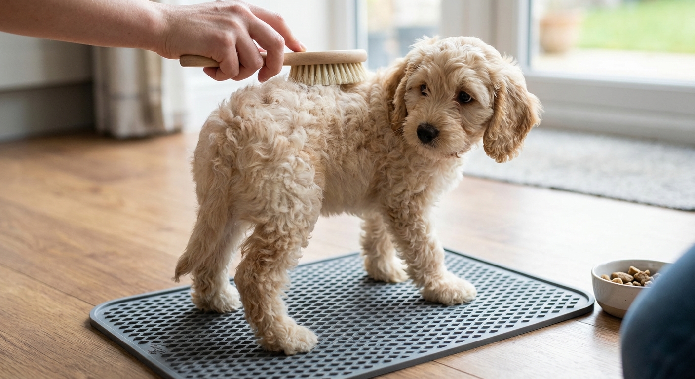 A young Cockapoo puppy standing on a non-slip mat while being gently introduced to brushing