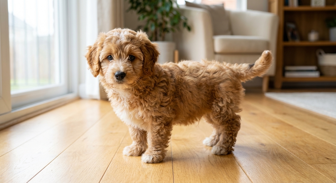 A young Corgipoo puppy standing indoors on a clean floor, soft window light, photorealistic pet photography