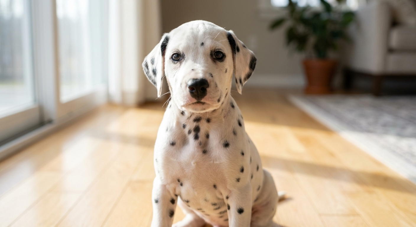 A young Dalmatian puppy with newly visible black spots sitting on a clean indoor floor, soft natural light, close-up photo