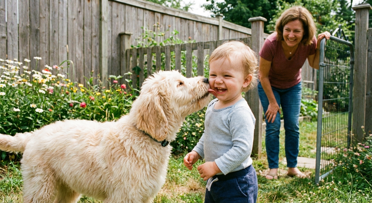 A young Labradoodle gently greeting a child in a backyard while an adult supervises nearby