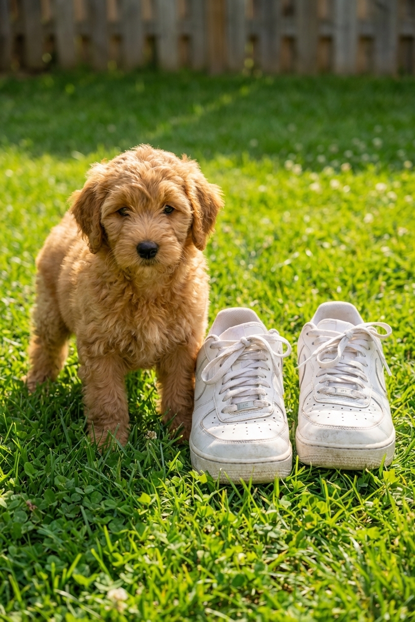 A young Mini Goldendoodle puppy standing on grass next to a person’s sneakers for scale, outdoor daylight, photorealistic