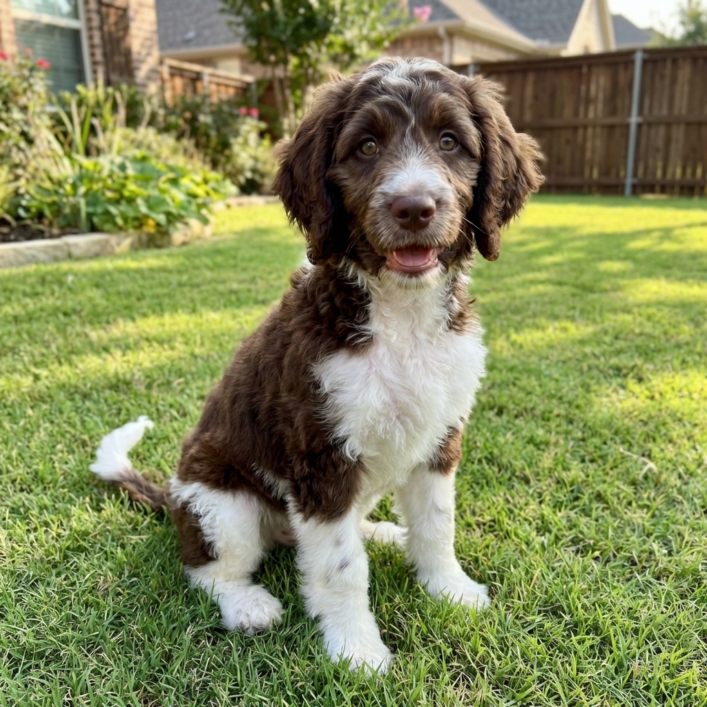 A young Springerdoodle with a wavy coat sitting on a grassy lawn in natural daylight, looking alert and friendly, photorealistic