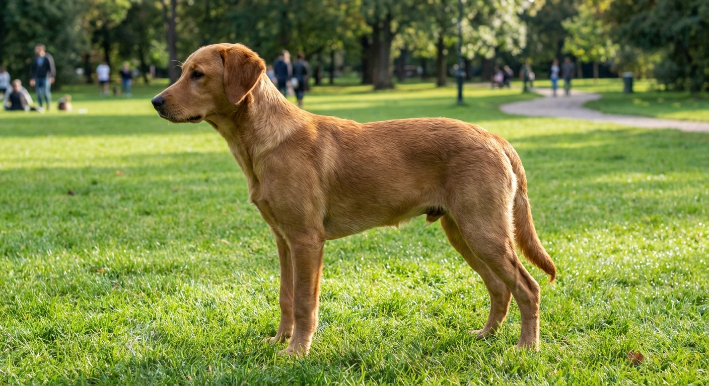 A young adolescent dog standing in profile on grass in a park, showing a lean waist and healthy posture, natural daylight, photorealistic