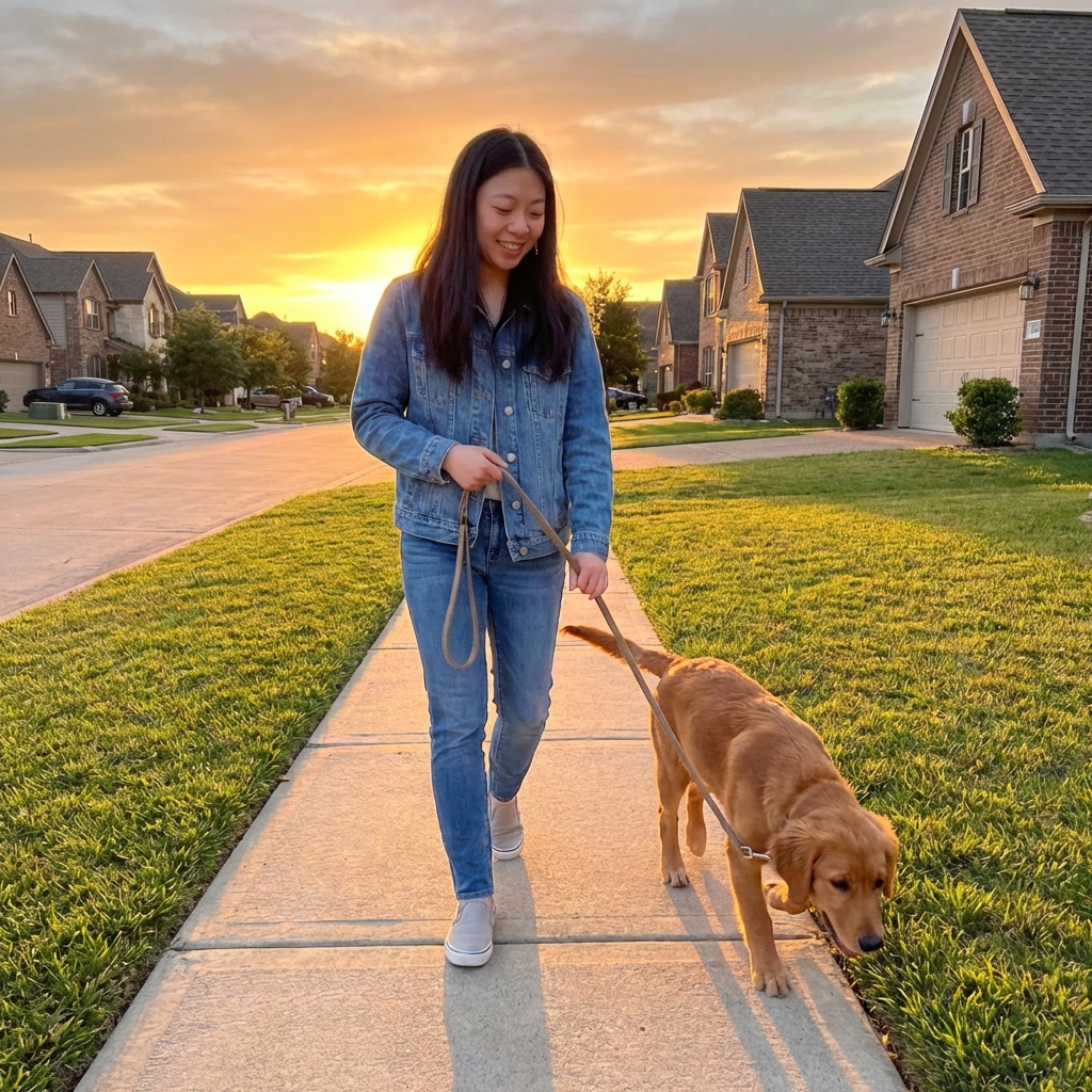 A young adolescent dog walking on leash beside its owner on a neighborhood sidewalk at sunset