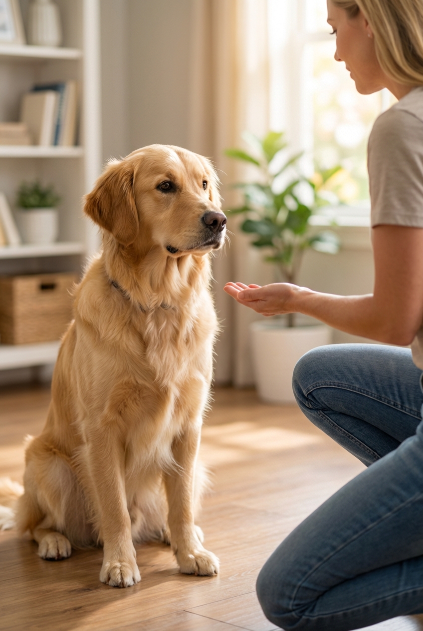 A young adult dog sitting calmly with all four paws on the floor while a person holds an open hand cue