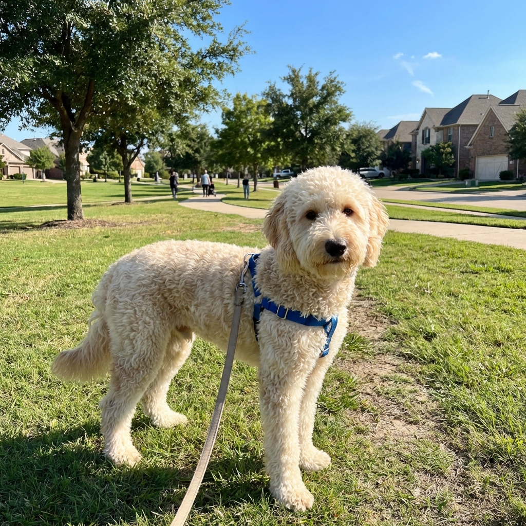 A young adult doodle mix standing on a leash in a sunny neighborhood park