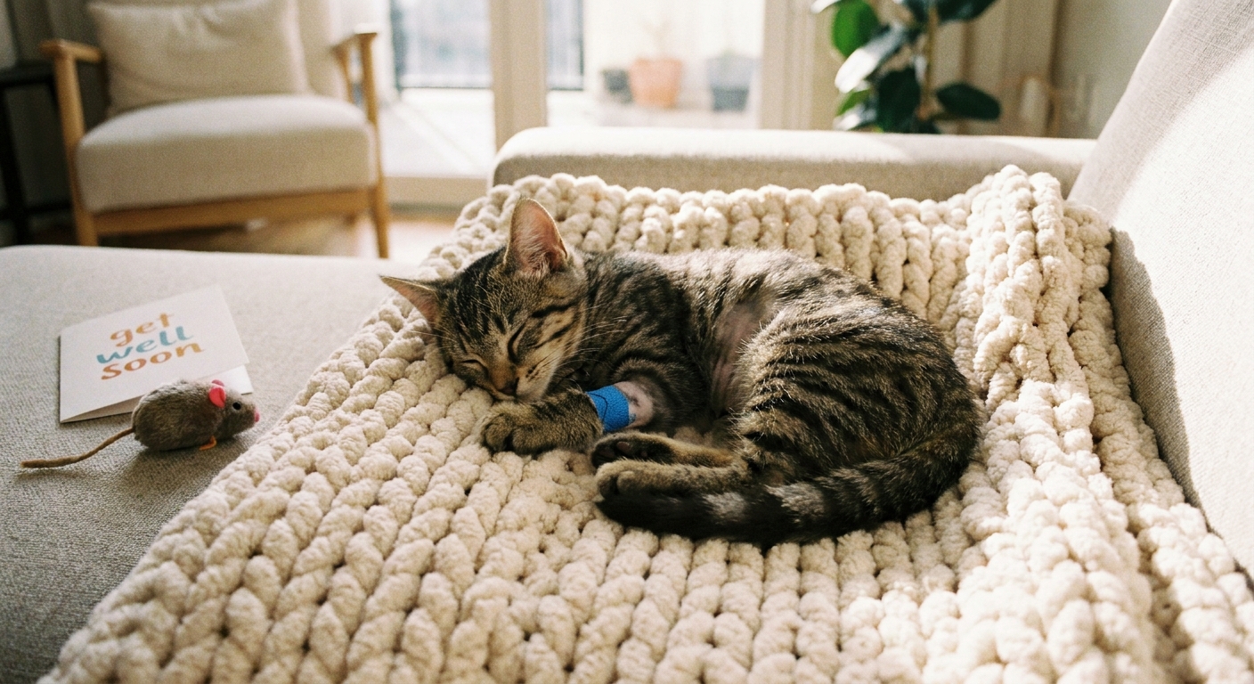 A young cat resting calmly on a soft blanket at home after a veterinary visit