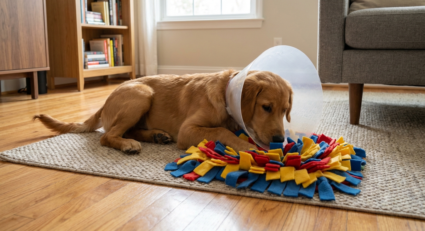 A young dog calmly sniffing a snuffle mat on a living room floor while wearing an e-collar