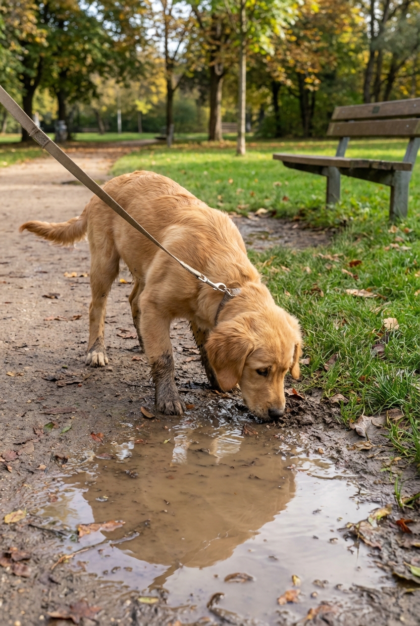 A young dog on a leash sniffing near a muddy puddle in a public park