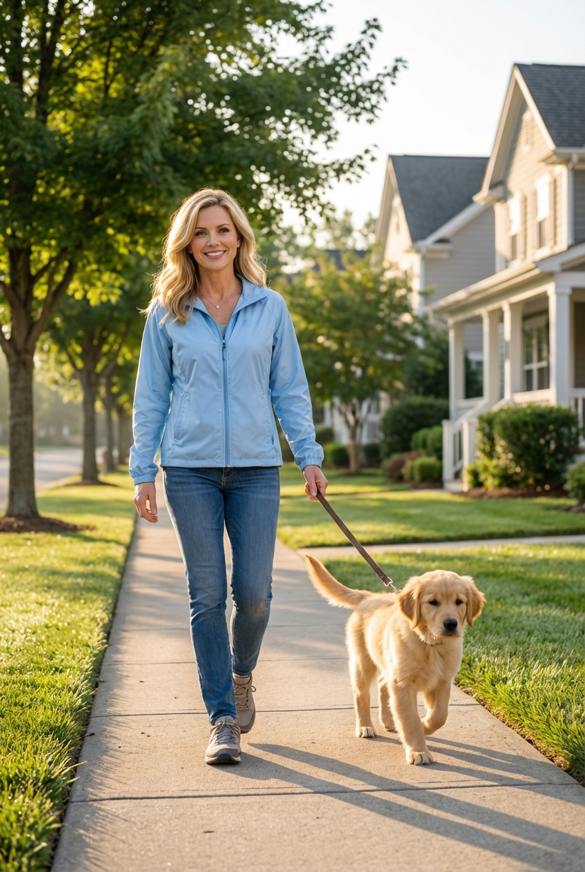 A young dog on a leash walking calmly beside a person on a neighborhood sidewalk in the morning