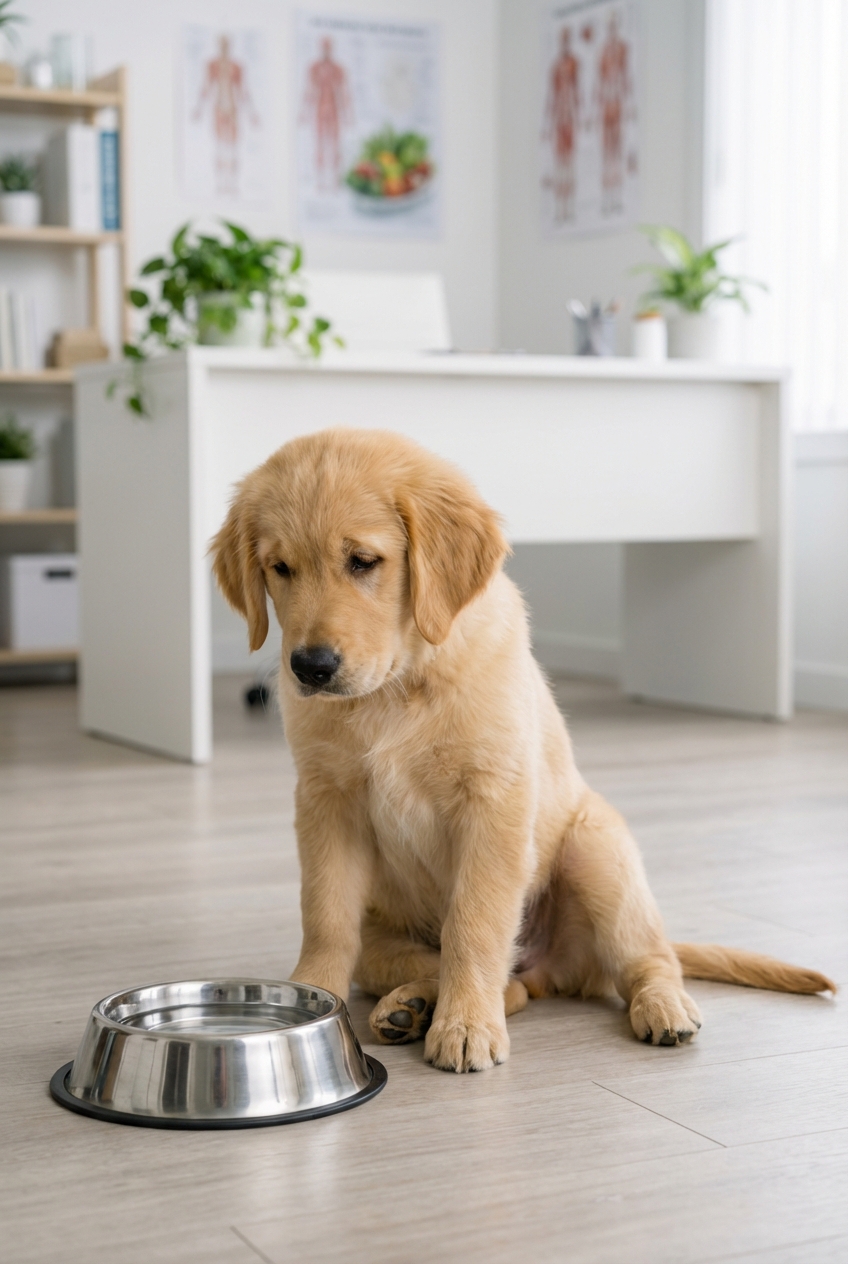 A young dog sitting near a water bowl looking lethargic