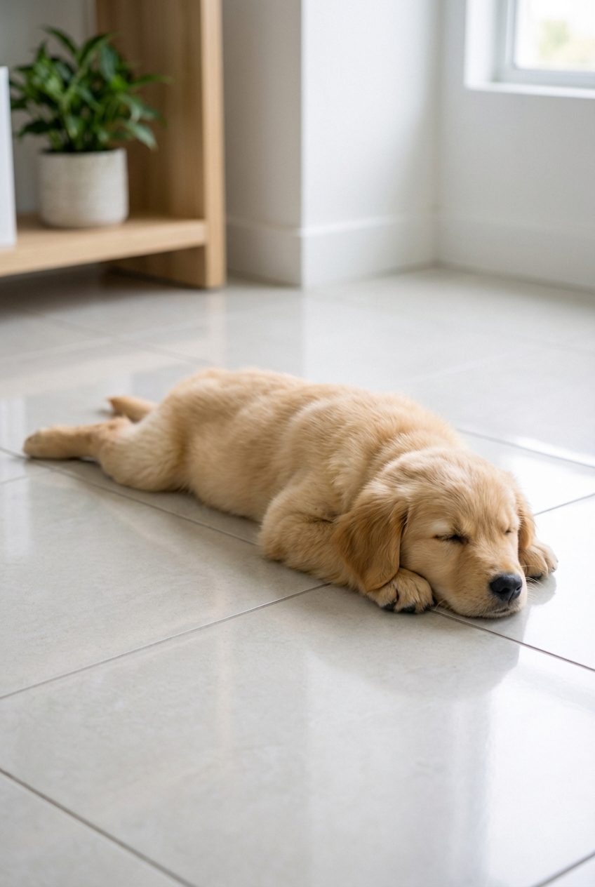 A young dog sleeping belly-down with back legs stretched behind on a cool tile floor
