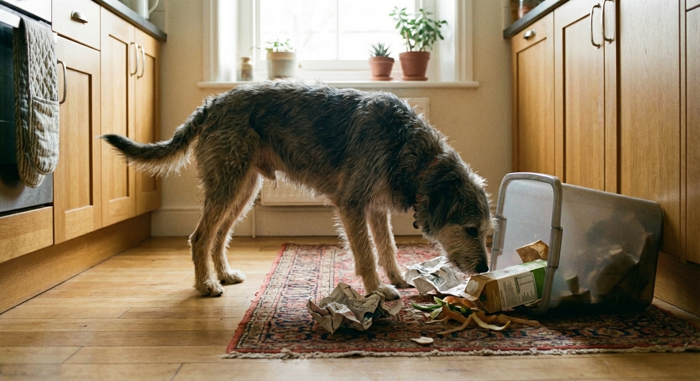 A young dog sniffing near a tipped-over kitchen trash can in a home kitchen