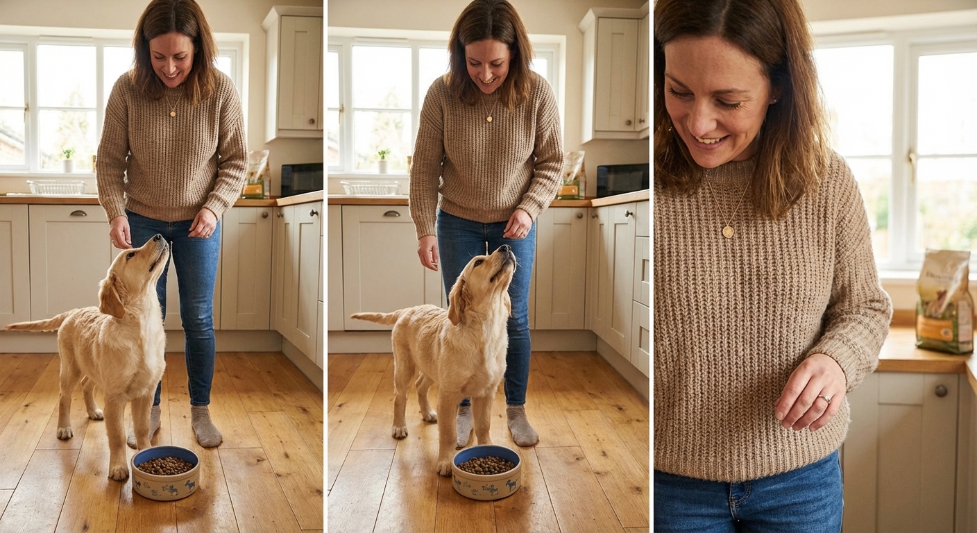 A young dog standing over a food bowl but keeping the neck raised and head stiff, realistic home photography