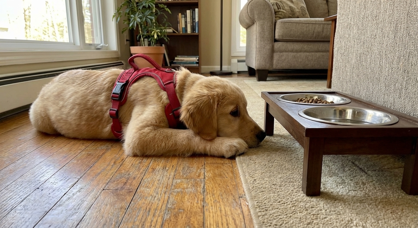 A young dog wearing a comfortable chest harness resting on a living room floor with a raised food bowl nearby, realistic home photography