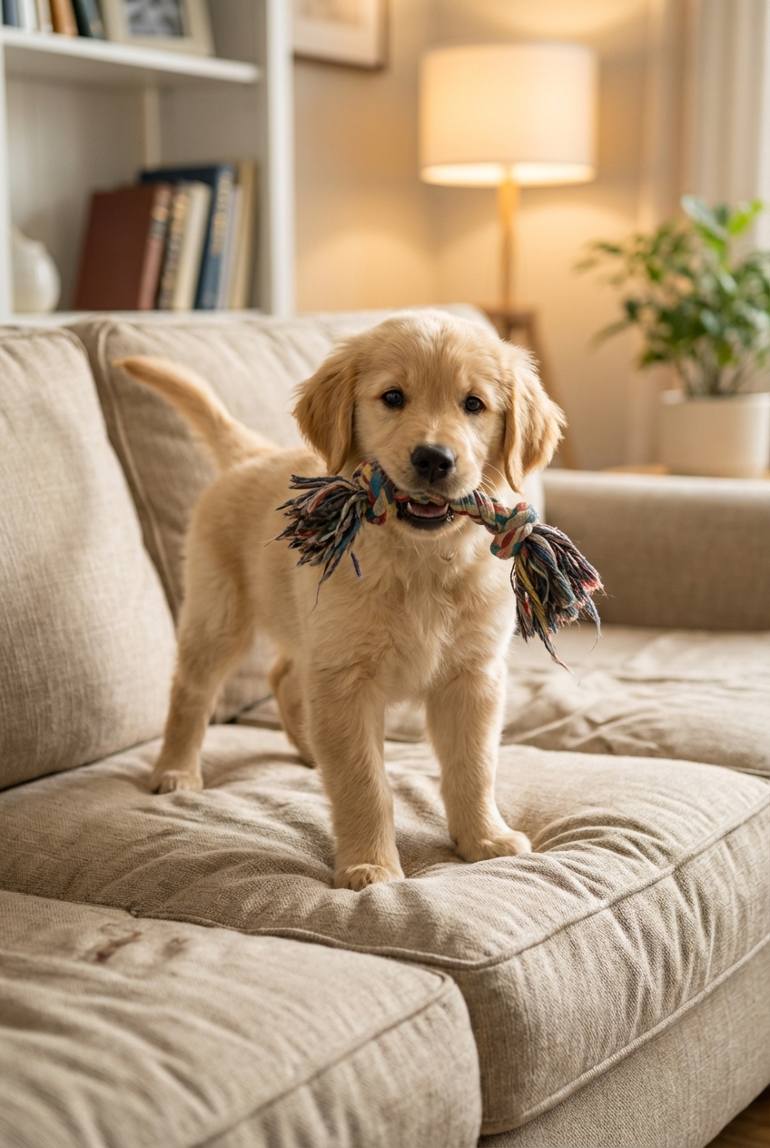 A young dog with a toy in its mouth standing next to a rumpled couch cushion in a living room