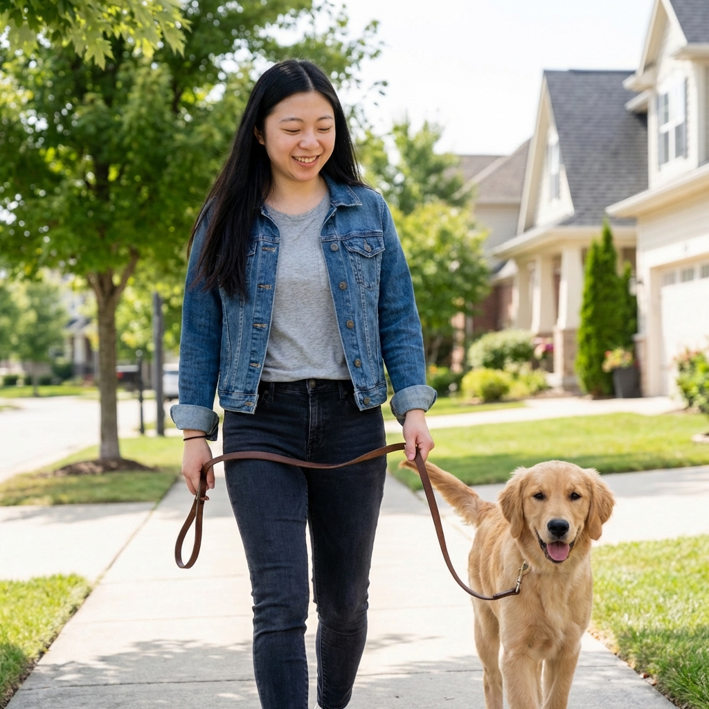 A young female dog on a leash during a neighborhood walk with a calm owner