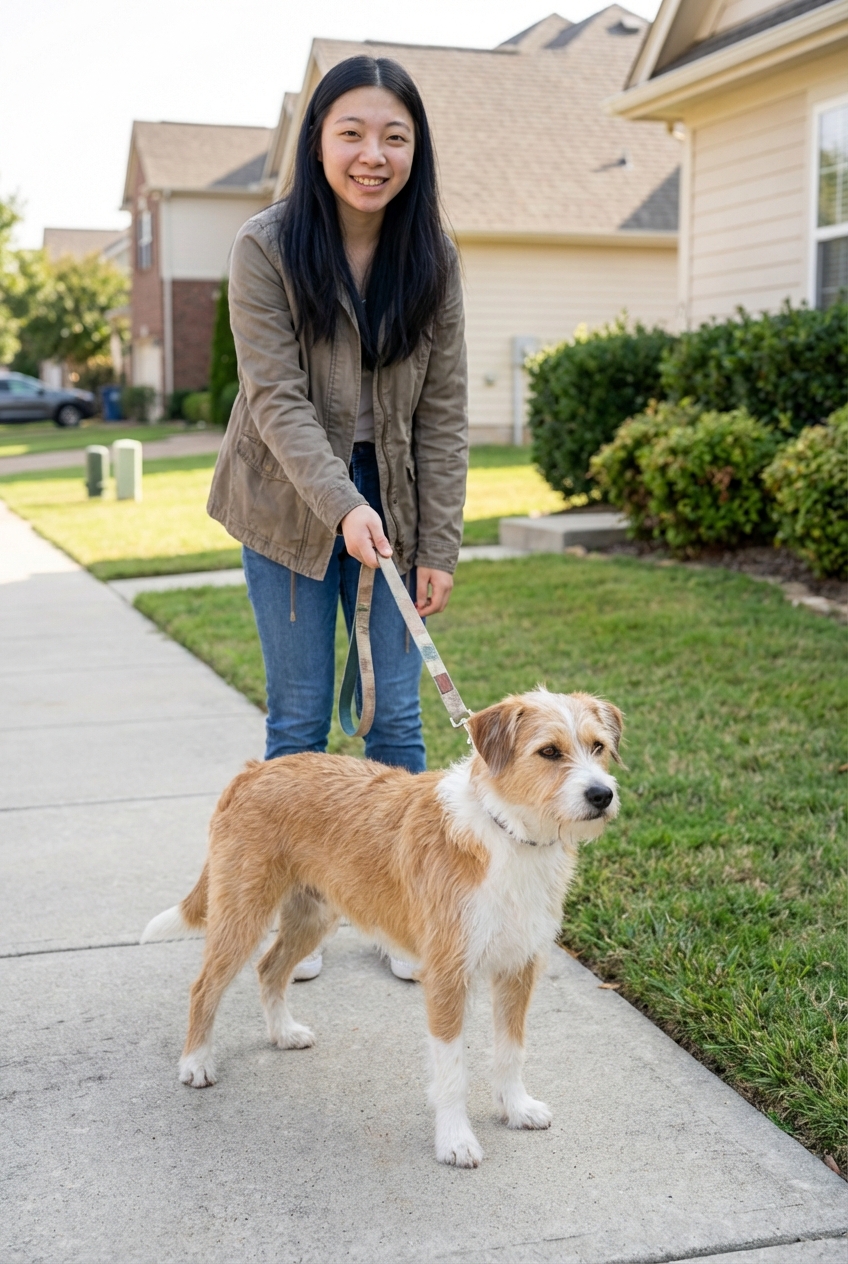 A young female dog standing outdoors with her owner holding a leash