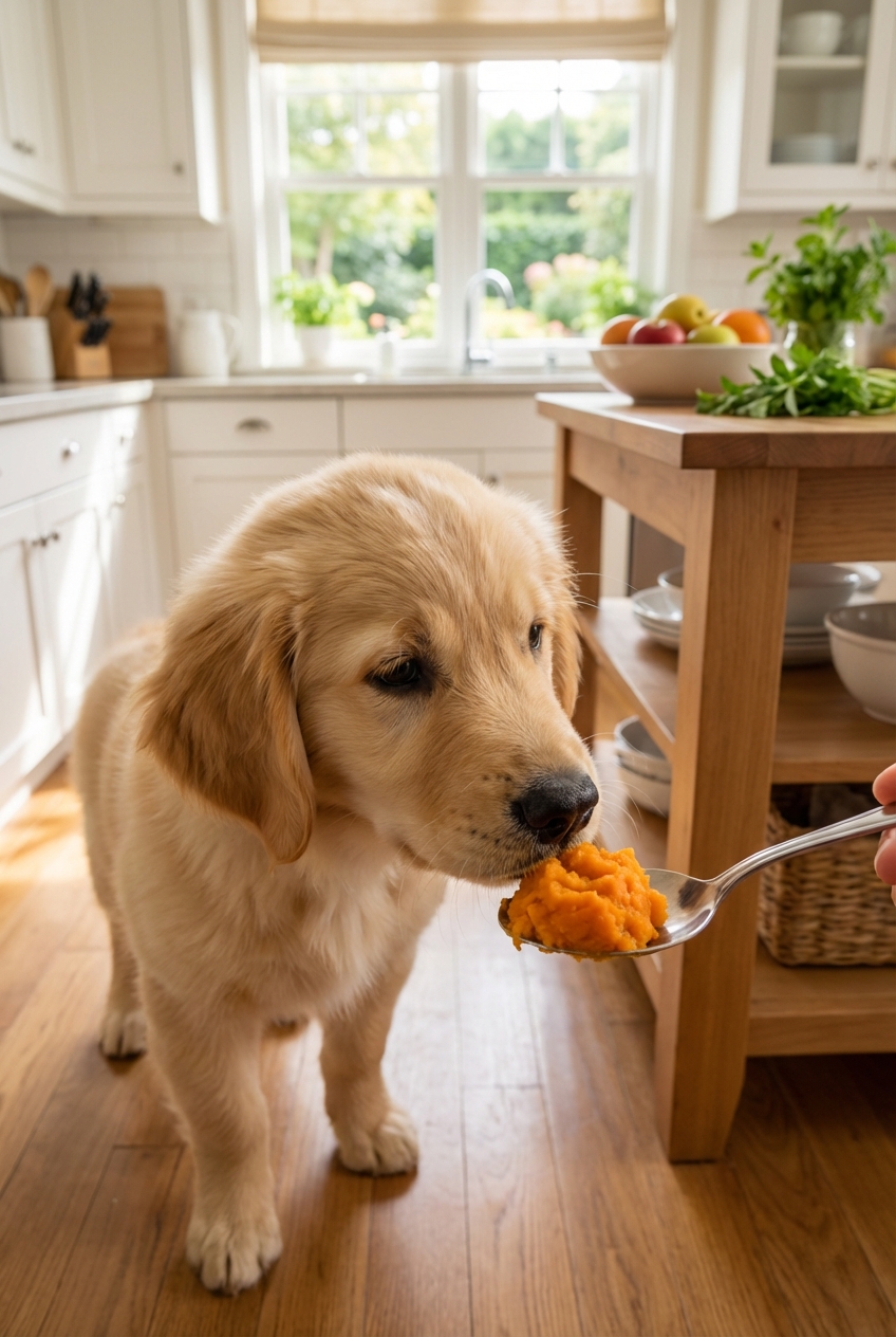 A young golden retriever puppy sniffing a spoon with a small amount of cooked sweet potato in a bright kitchen