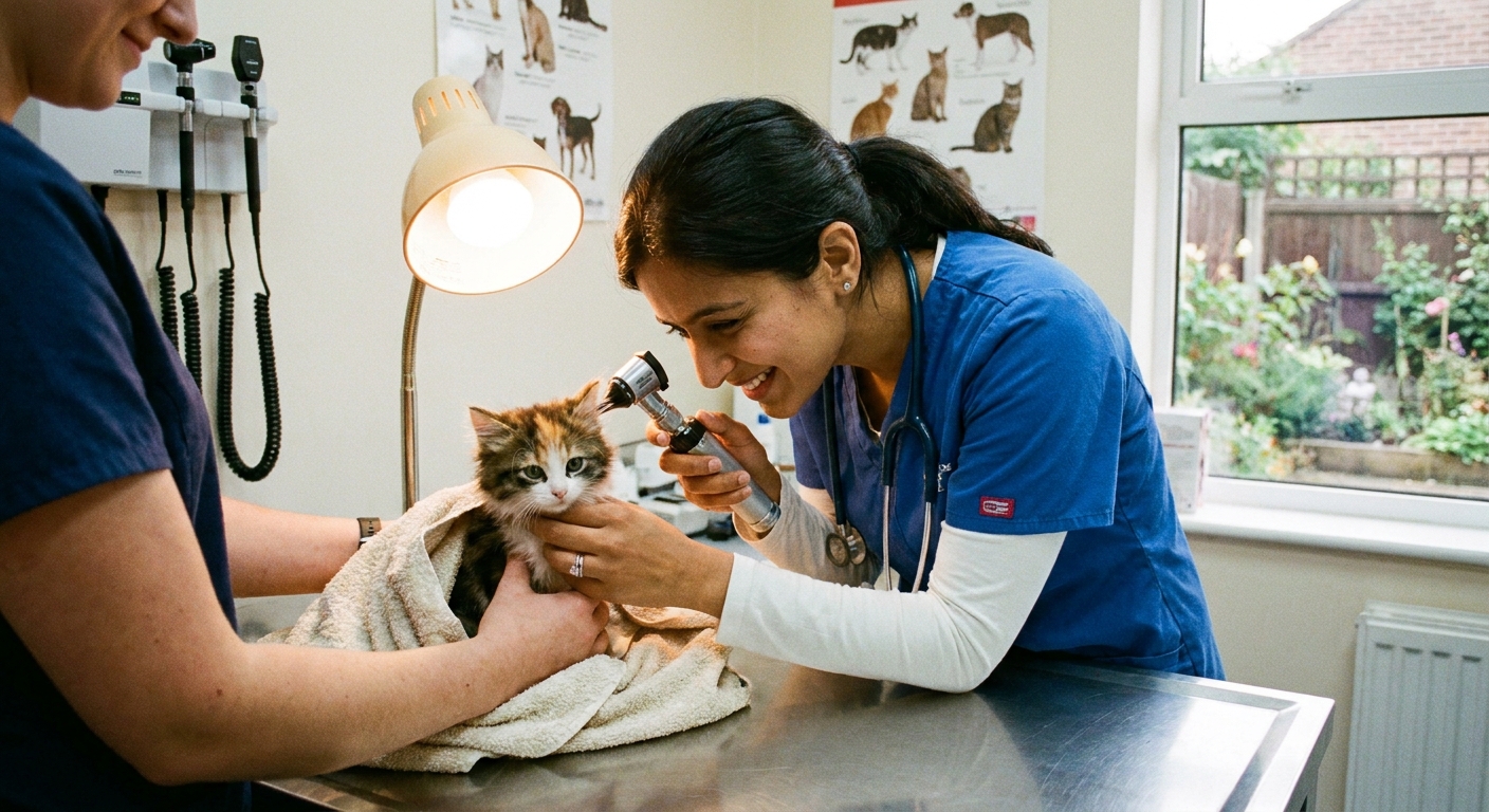 A young kitten being gently examined with an otoscope by a veterinarian in a clinic exam room
