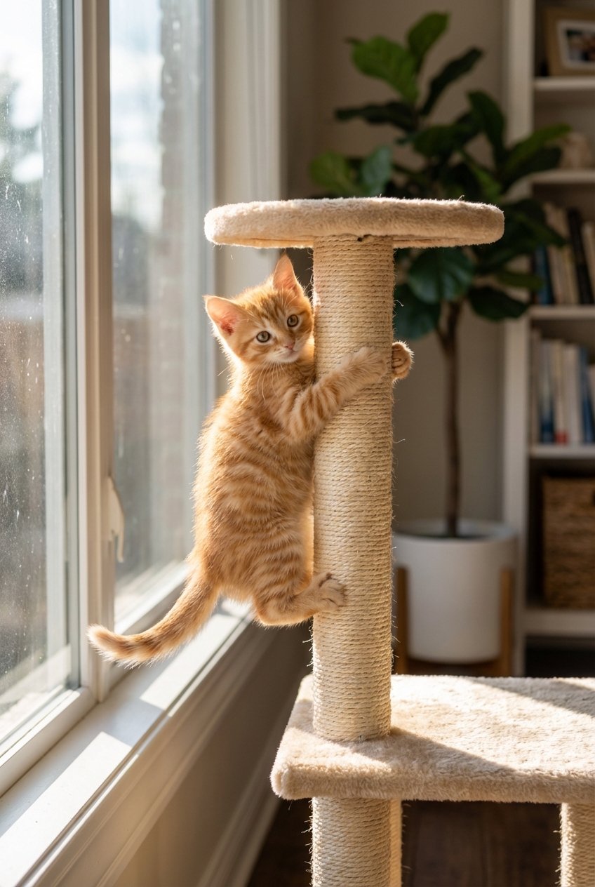 A young kitten climbing a small cat tree near a window with sunlight coming in