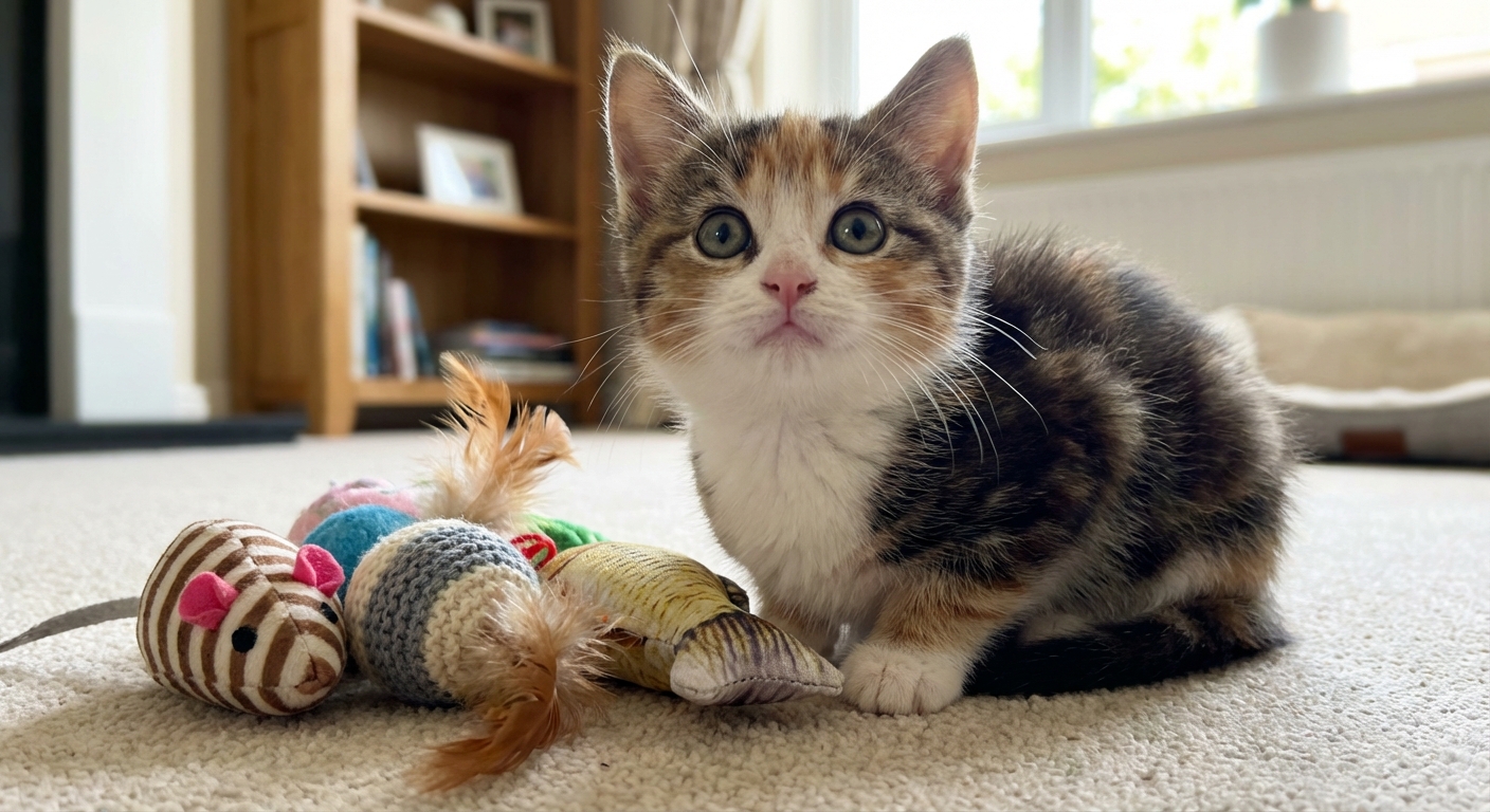 A young kitten looking up with alert ears while sitting next to a small pile of soft cat toys