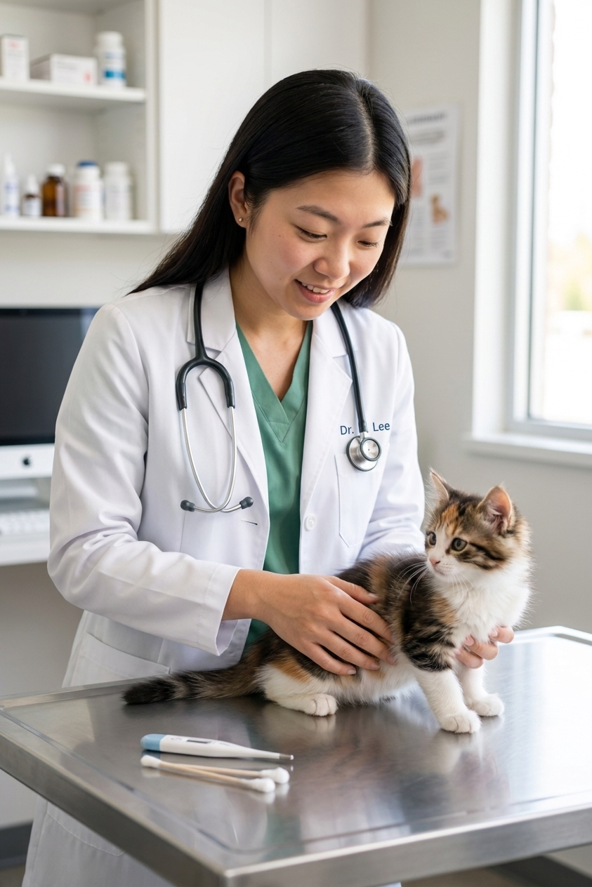 A young kitten on a veterinary exam table while a veterinarian gently checks the kitten's belly and overall condition, realistic clinic photo
