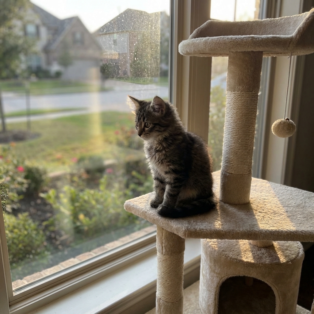 A young kitten sitting on a cat tree near a window with daylight coming through