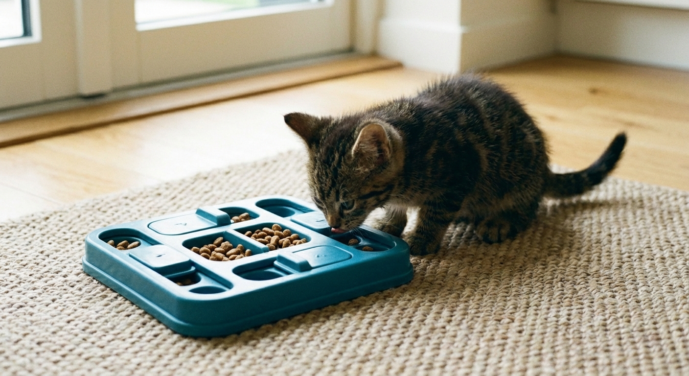 A young kitten sniffing a puzzle feeder with dry kibble on a living room rug