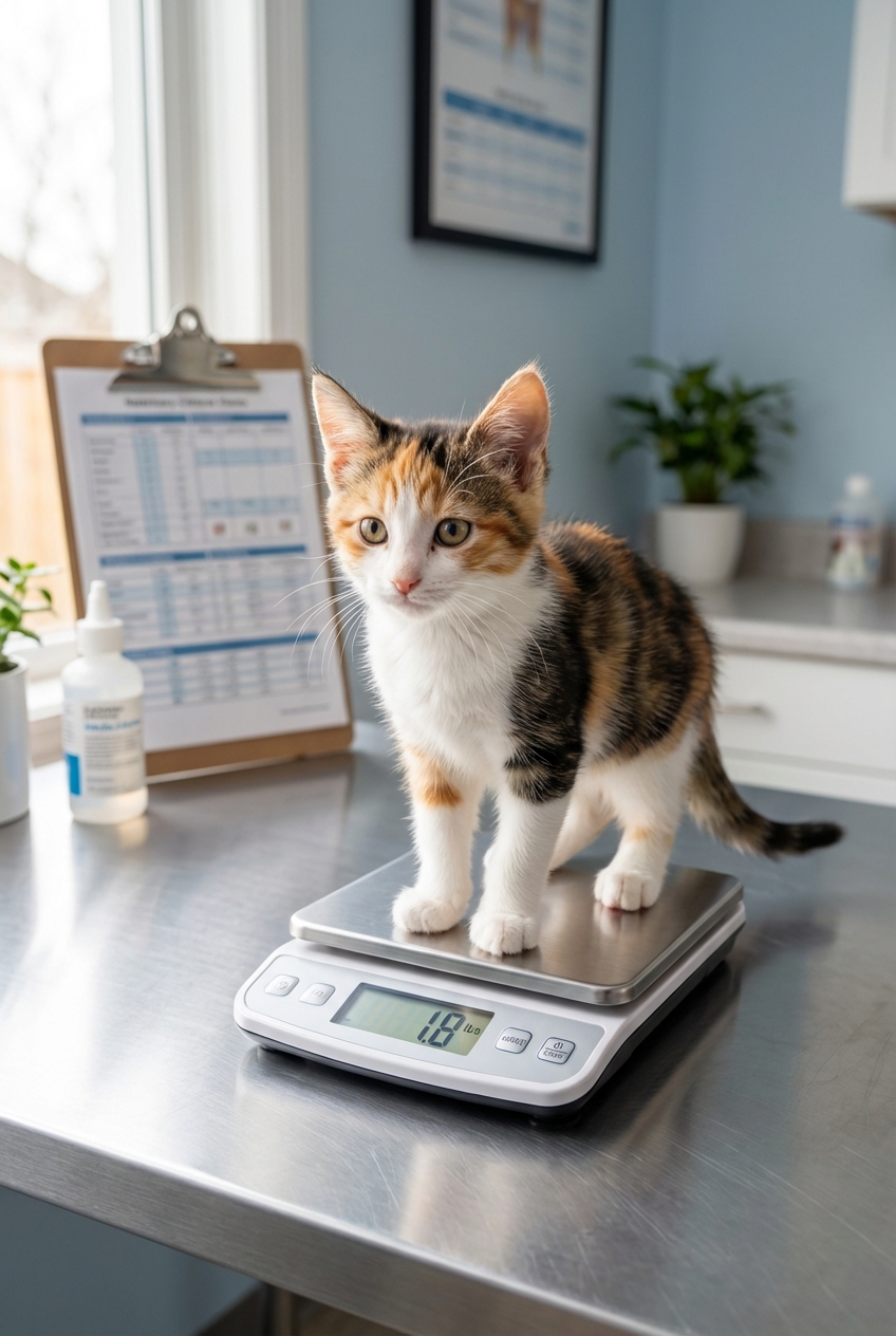 A young kitten standing on a scale at a veterinary clinic exam room