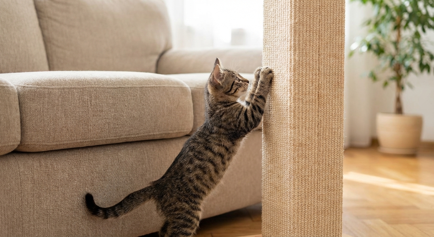 A young kitten stretching and scratching a tall sisal scratching post near a sofa