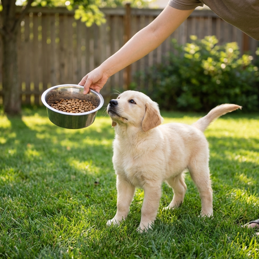 A young large-breed puppy standing on a grassy yard while a person holds a food bowl