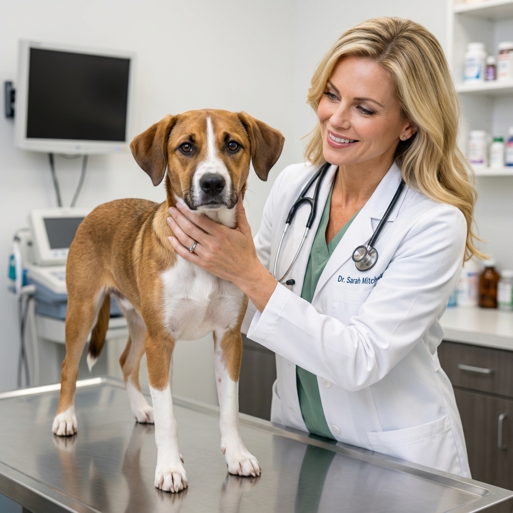 A young medium-sized dog standing stiffly on an exam table while a veterinarian gently supports the dog’s neck, realistic clinical photography