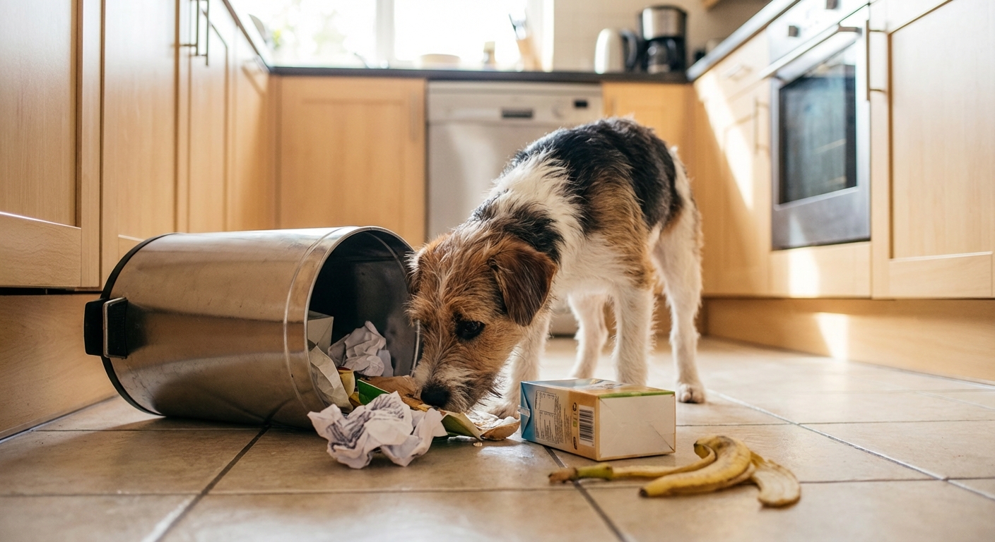 A young mixed-breed dog sniffing near a tipped-over trash can in a kitchen