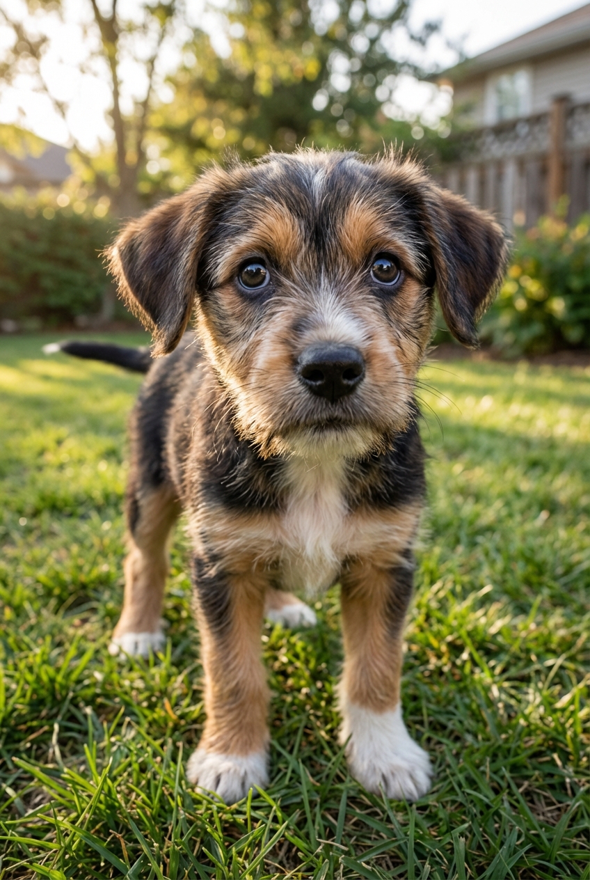 A young mixed-breed puppy standing outdoors on grass with a concerned expression