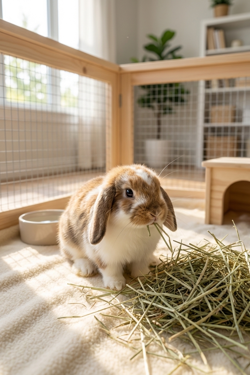 A young pet rabbit nibbling grass hay inside a clean indoor enclosure with soft bedding, natural light, photorealistic
