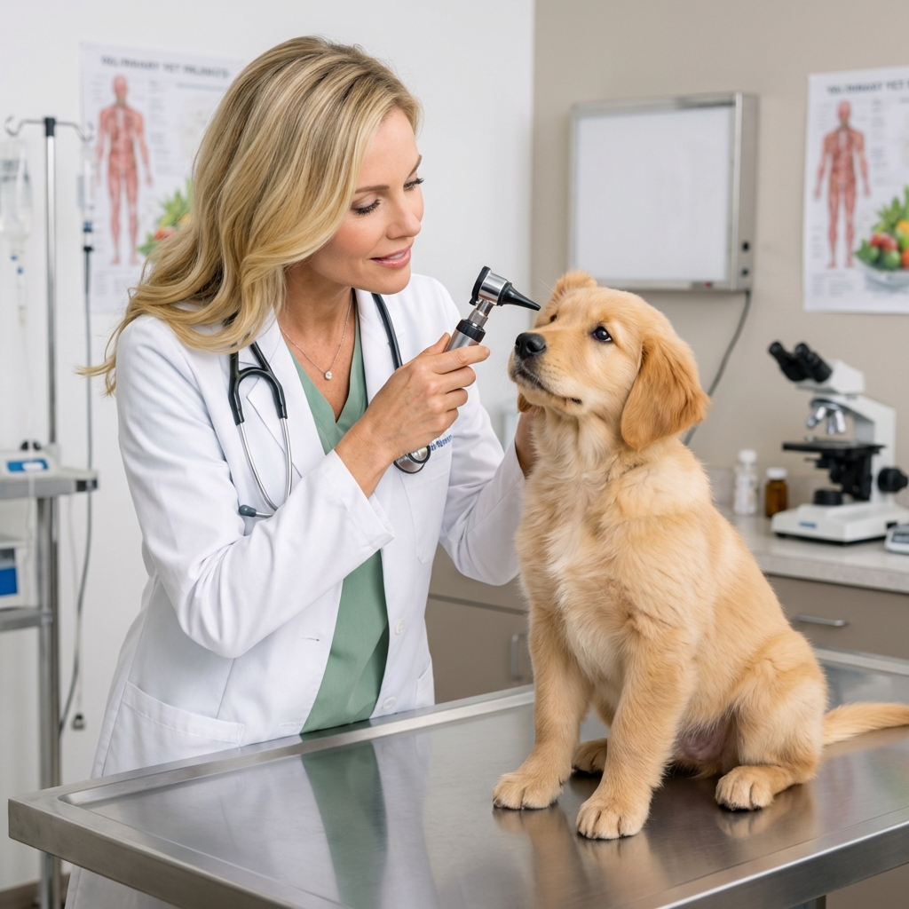 A young puppy being gently examined by a veterinarian in a clinic