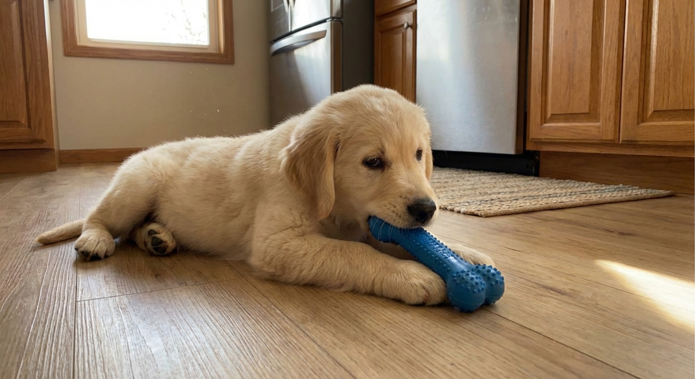 A young puppy calmly chewing a puppy-safe rubber chew toy on a kitchen floor in warm indoor light
