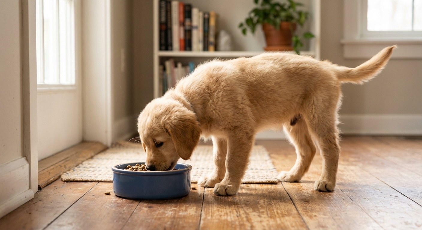 A young puppy calmly eating kibble from a ceramic bowl in a quiet corner of a home, soft natural light, shallow depth of field