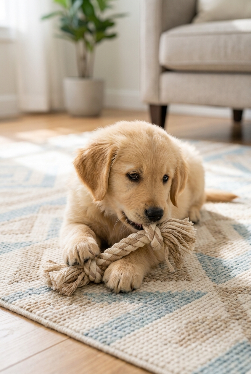 A young puppy gently mouthing a chew toy while sitting on a living room rug