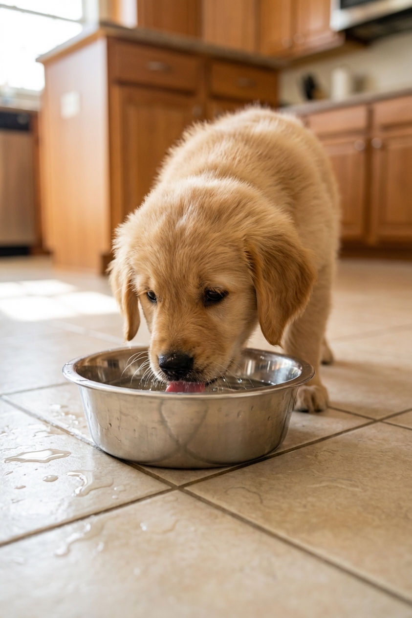 A young puppy lapping water from a clean stainless steel bowl on a kitchen floor, close-up, photorealistic