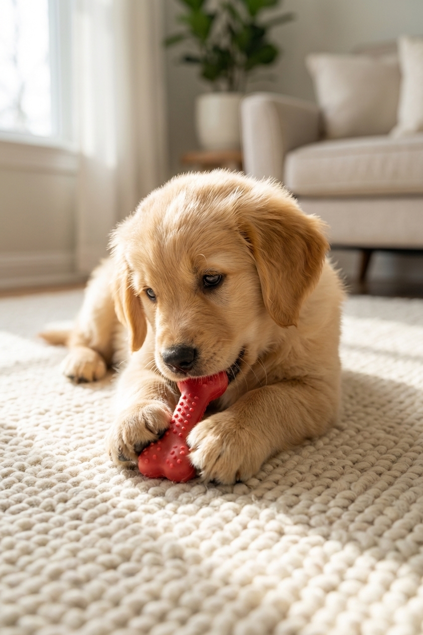 A young puppy lying on a living room rug chewing a rubber chew toy, soft window light, close-up pet photography