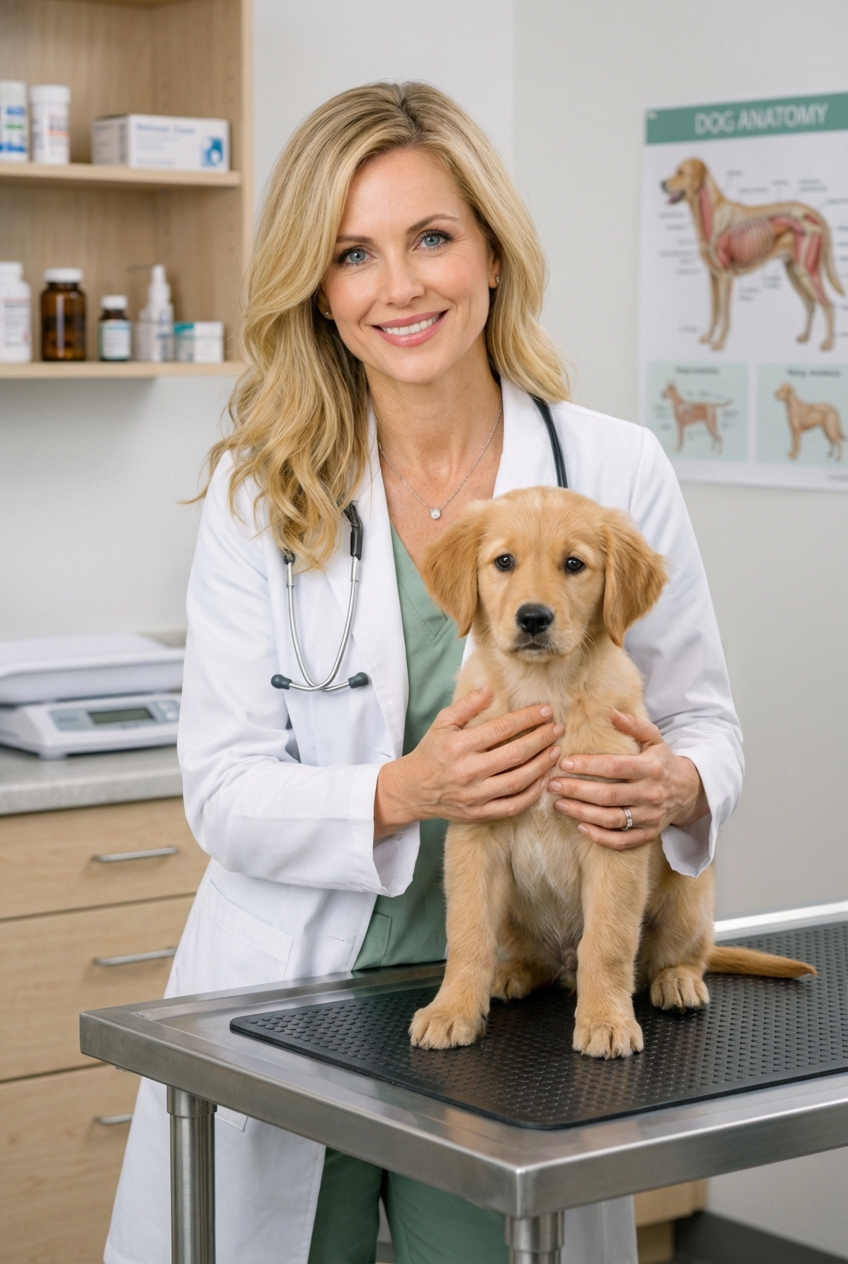 A young puppy sitting on a veterinary exam table while a veterinary professional gently holds the puppy