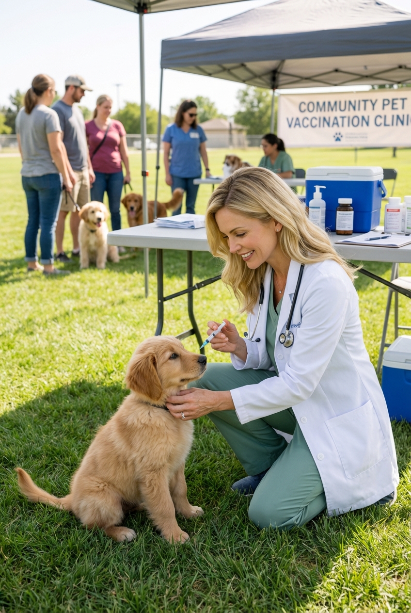A young puppy sitting on grass next to a veterinarian holding a syringe during an outdoor vaccination clinic