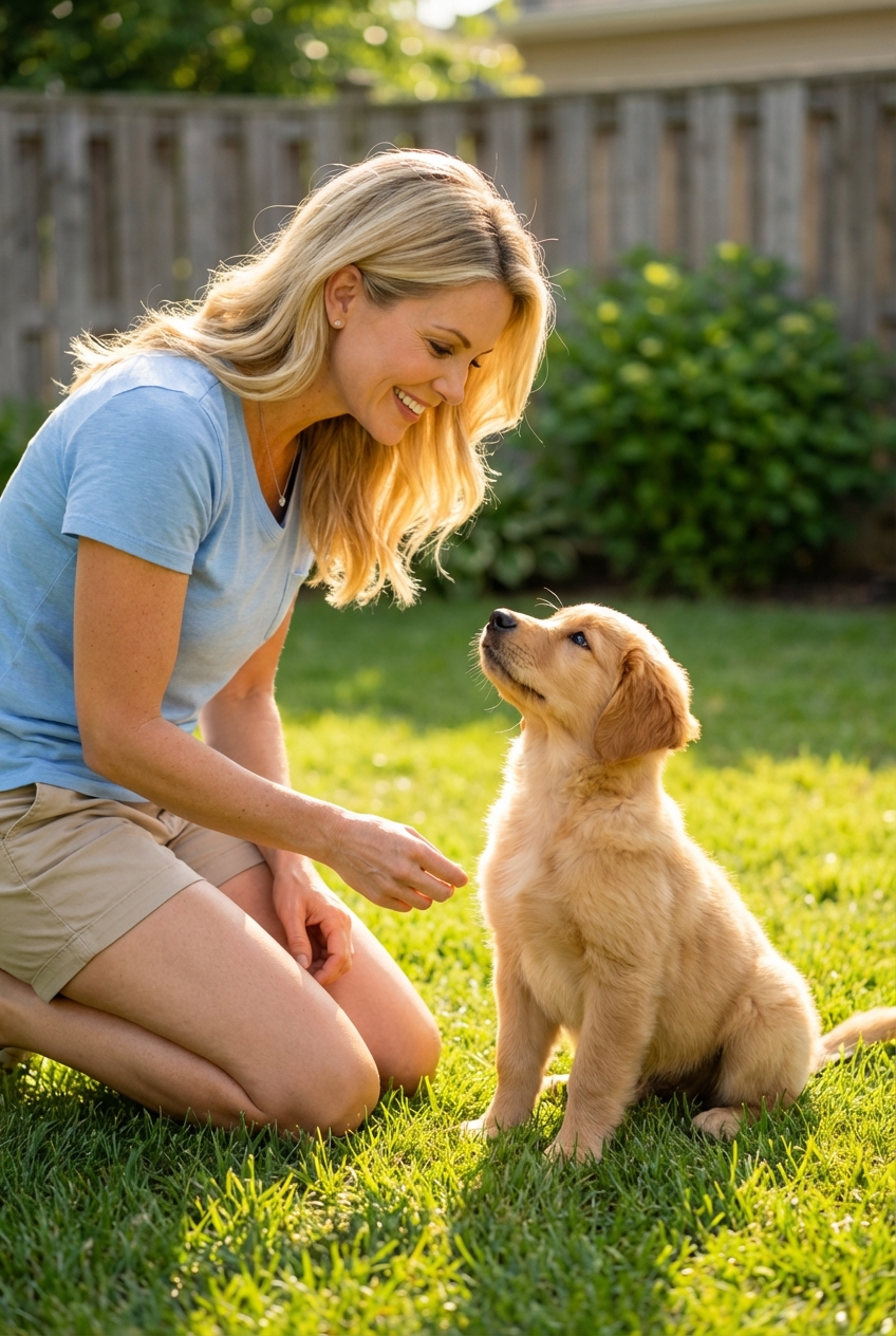A young puppy sitting politely while looking up at its owner in a sunny backyard
