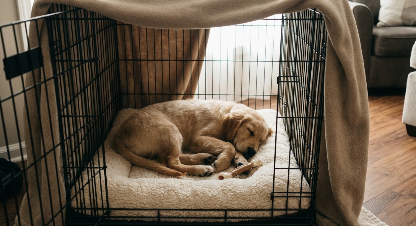 A young puppy sleeping on a soft mat in a partially covered crate
