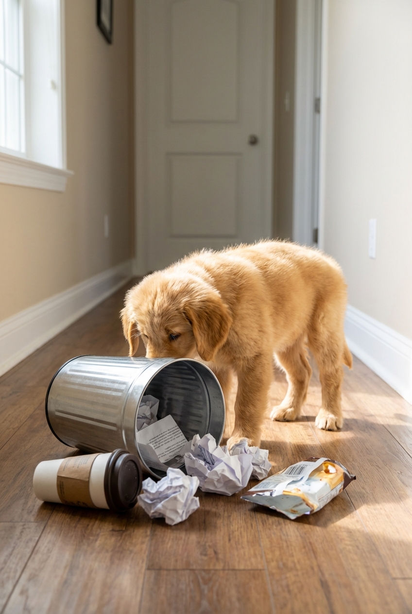 A young puppy sniffing at a tipped-over trash can in a home hallway